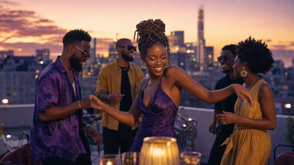 A stylish group dancing at a modern African-Caribbean rooftop gathering at dusk.