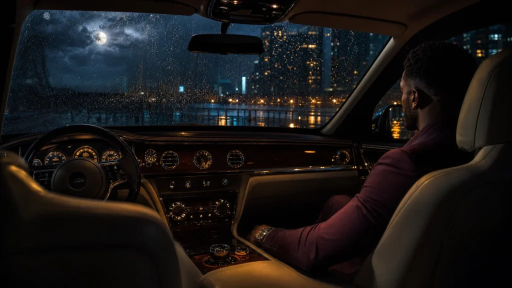 A rain-speckled luxury car interior on a quiet, moonlit late-night city street.
