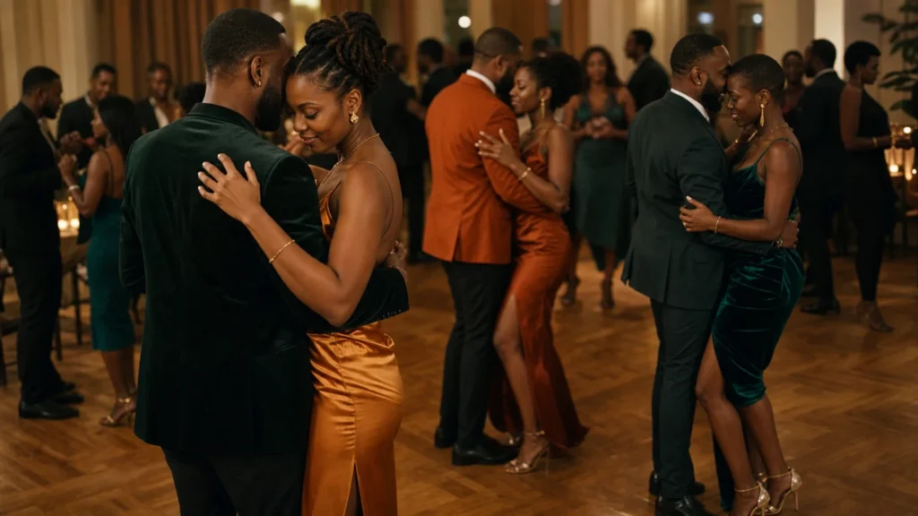Elegantly dressed couples dancing Haitian Kompa at a warm, softly lit social gathering.