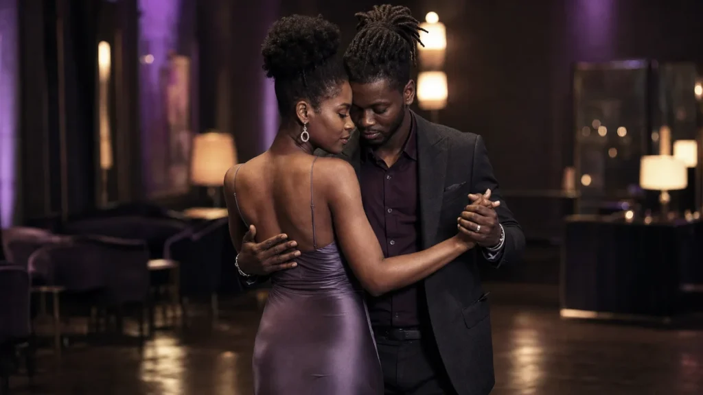 Two partners in a smooth, close Kizomba walk in a refined evening setting.