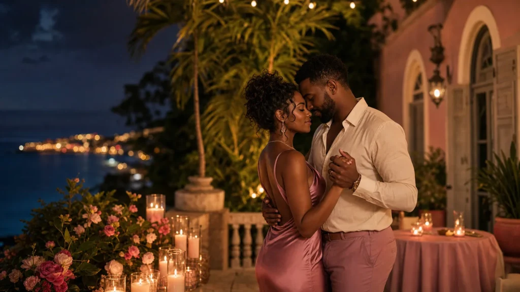 A couple slow-dancing on a candlelit French-Caribbean terrace at night.