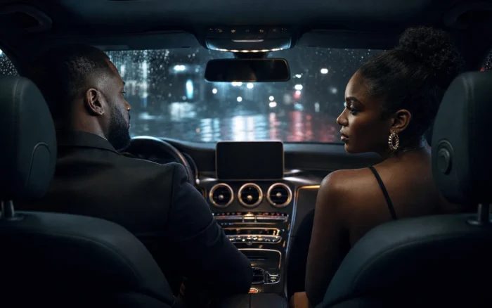 Afro-Caribbean couple sharing a quiet late-night moment inside a rain-lit car