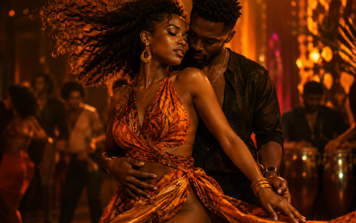 Afro-Zouk couple dancing in a vibrant Afro-Caribbean setting