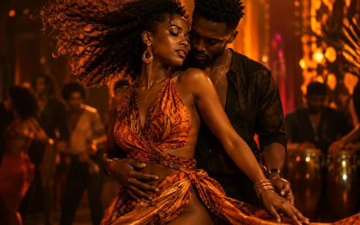 Afro-Zouk couple dancing in a vibrant Afro-Caribbean setting