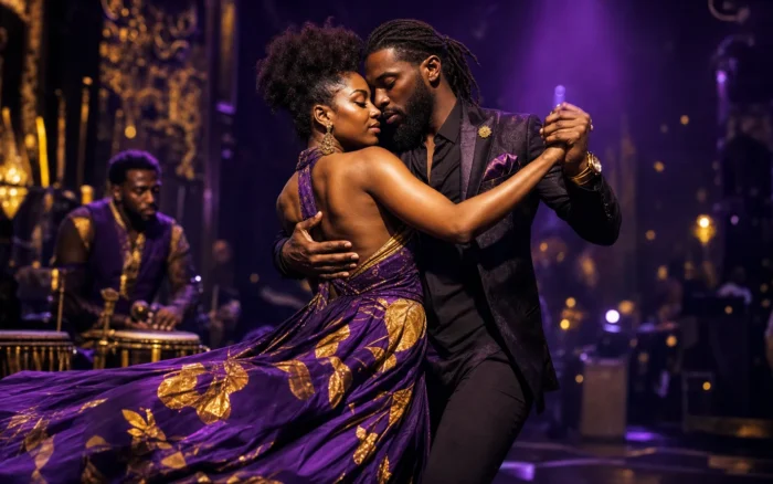 A stylish Afro-Caribbean couple in a dynamic Afro-Zouk dance connection on a violet-lit rooftop nightlife terrace with live musicians in the background