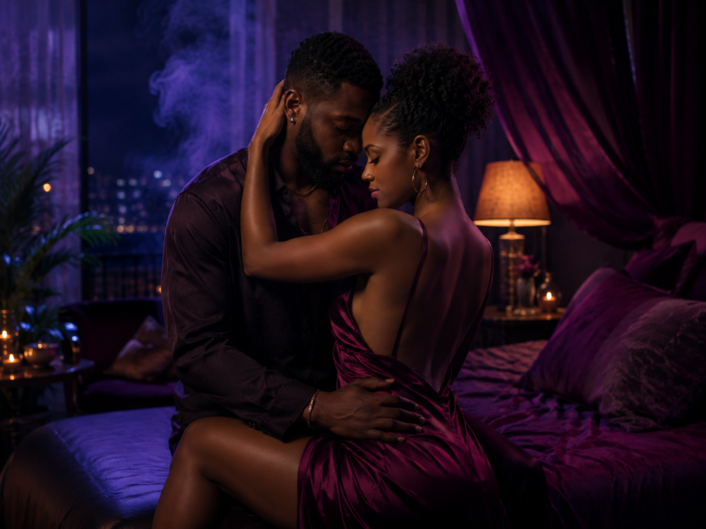 After Midnight couple embracing beside the Caribbean water at night
