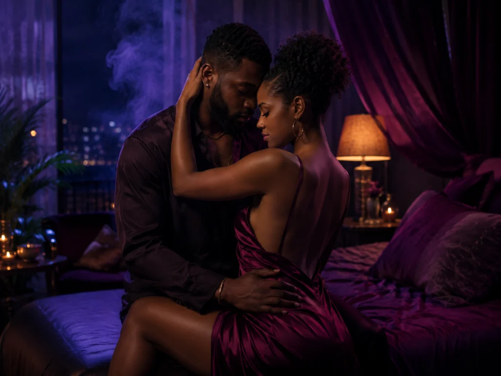 After Midnight couple embracing beside the Caribbean water at night