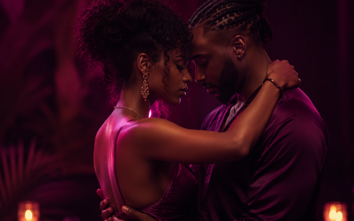 Gouyad couple in a close slow-dance embrace