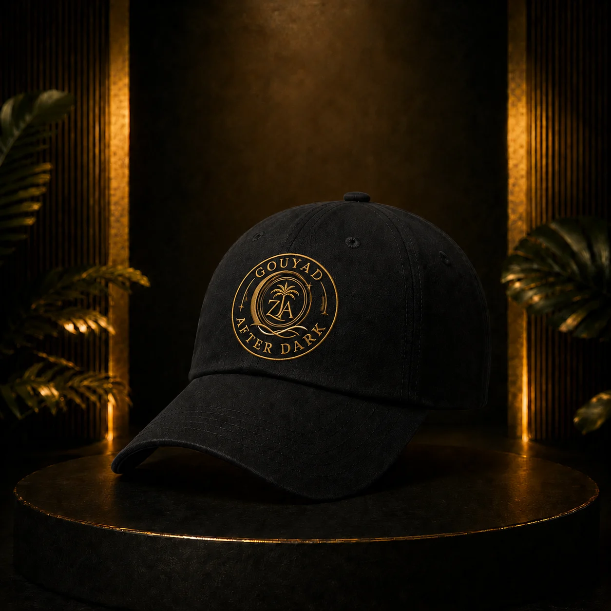 Black Gouyad After Dark cap with champagne-gold embroidered ZA emblem