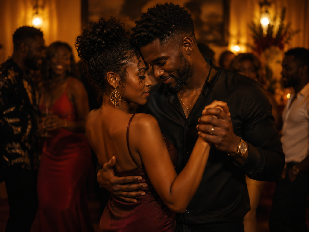 Haitian Kompa couple dancing at an elegant Afro-Caribbean celebration