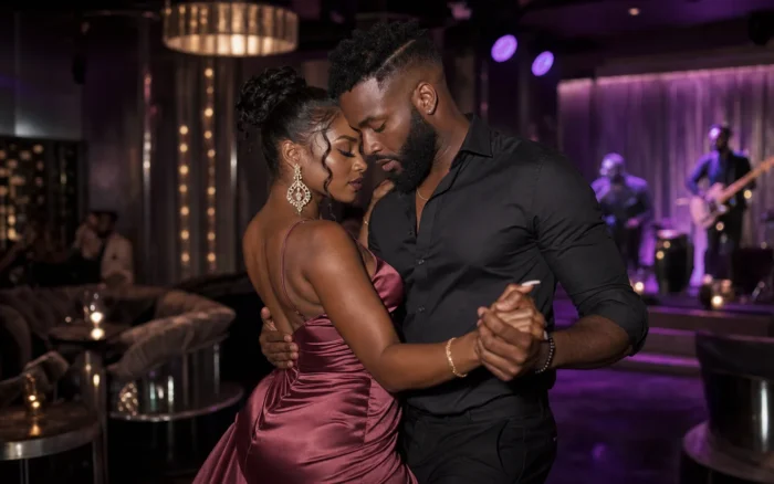 A sophisticated Afro-Caribbean couple in a close gouyad dance connection in a luxurious late-night lounge