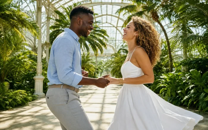 A mixed-race couple mid gouyad step inside a bright glass palm conservatory filled with daylight and green foliage.
