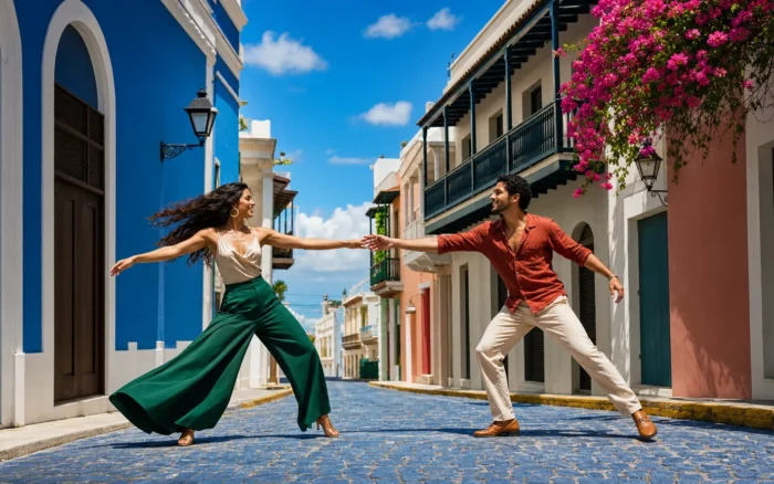 A Latino Caribbean couple dancing an open outward turn on a sunlit blue cobblestone colonial street lined with magenta bougainvillea.