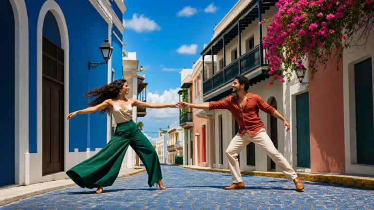 A Latino Caribbean couple dancing an open outward turn on a sunlit blue cobblestone colonial street lined with magenta bougainvillea.