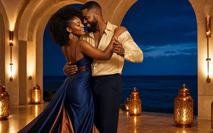 Afro-Caribbean couple slow dancing in a gold and night-blue oceanfront pavilion
