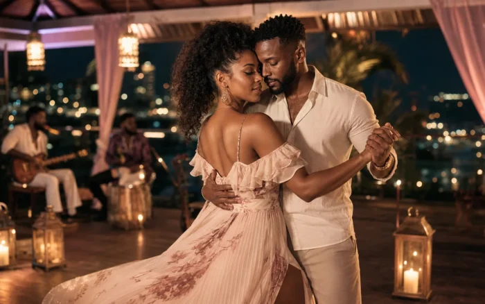An elegant Afro-Caribbean couple sharing a romantic slow zouk-love dance in a candlelit boutique lounge