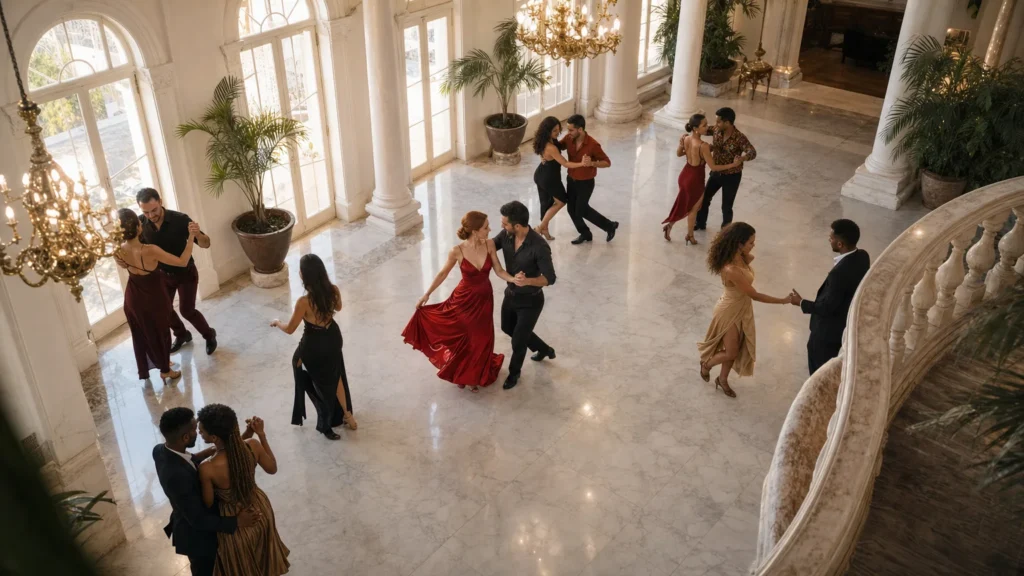 An elegant social dance seen from an upper balcony on a luminous white marble ballroom floor beneath tall arched windows.