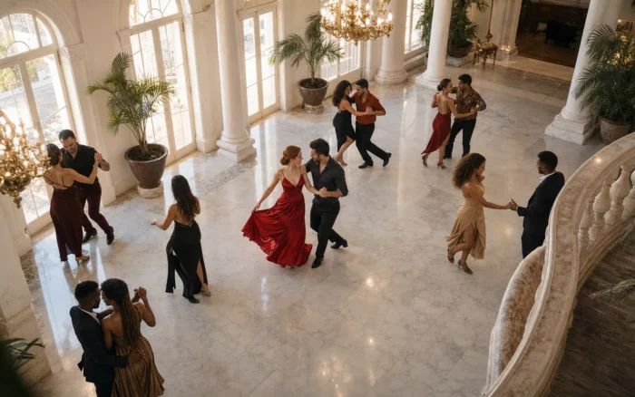 An elegant social dance seen from an upper balcony on a luminous white marble ballroom floor beneath tall arched windows.