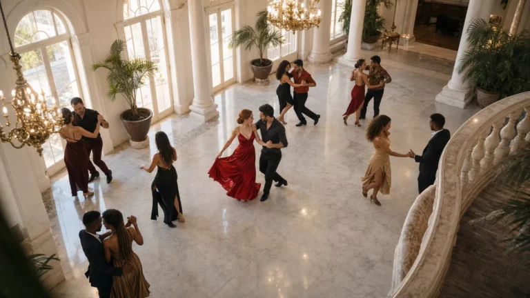 An elegant social dance seen from an upper balcony on a luminous white marble ballroom floor beneath tall arched windows.