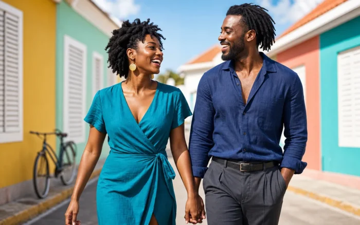 An Afro-Caribbean couple walking and laughing together along a pastel painted Caribbean town street in bright morning light.