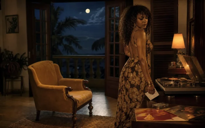 Woman listening to a vintage record in an elegant Caribbean room at night