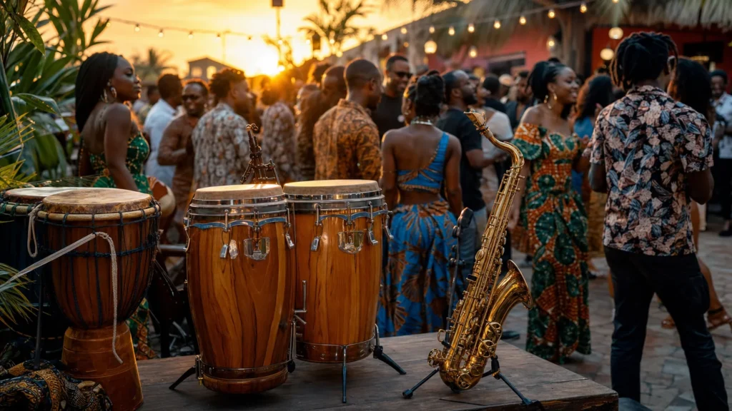 Congas, a djembe and a saxophone on a courtyard stage at golden hour, with a crowd of dancers in bright Ankara prints behind them.