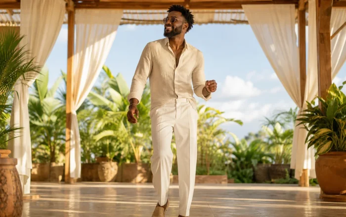 Man in cream linen dancing in a sunlit garden pavilion, featured image for the Zouk Créole 2026 mix