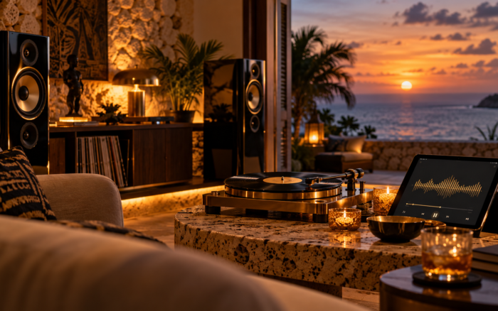 Warm cinematic listening room with a turntable, speakers, candles, and an ocean sunset, representing the romantic atmosphere of Haitian Kompa and the album Lanmou Gen Dènye Mo A.