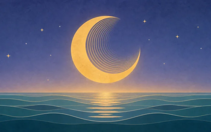 Flat graphic illustration of a saffron-gold crescent moon drawn from sound-wave lines above a calm teal night sea under an indigo sky