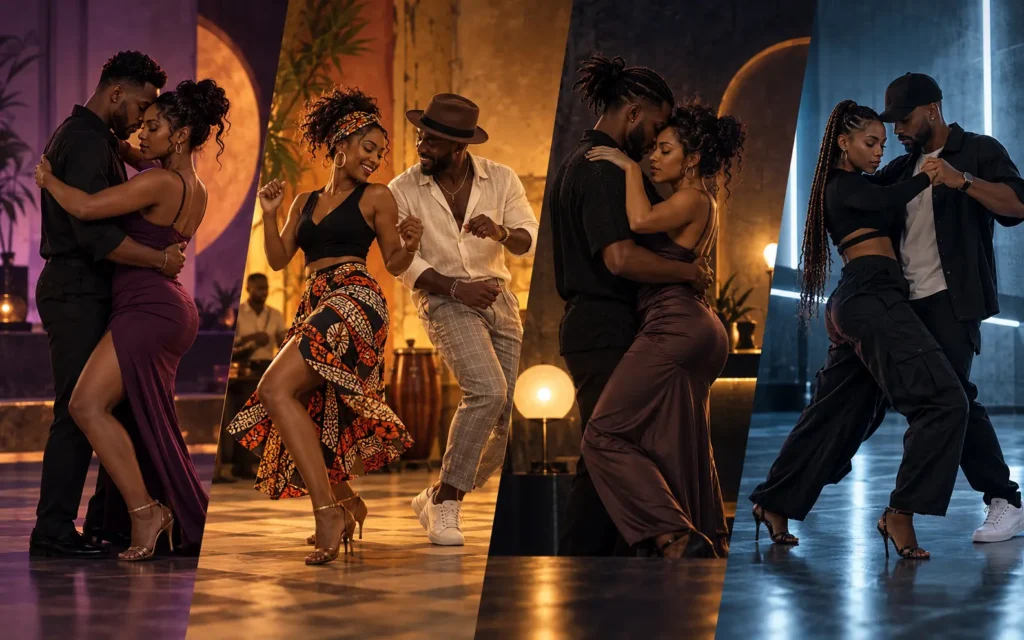 Baila Kizomba 2026 romantic Cape Verde dance couple performing Kizomba beside a moonlit Atlantic coastline.