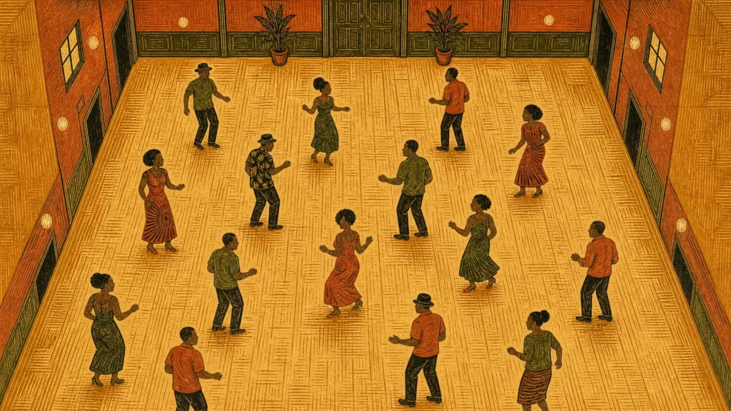 A group of people dancing in an illustrated indoor venue with wooden flooring and plants.