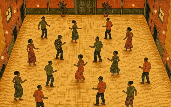 A group of people dancing in an illustrated indoor venue with wooden flooring and plants.