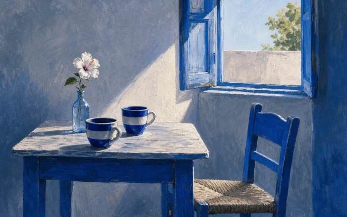 A blue table with two cups and a flower vase is positioned near a window in a bright room.