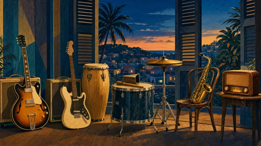 Illustration of a 1960s Haitian mini-djaz band setup: two electric guitars, a conga, a cowbell on a floor tom, a hi-hat and an alto saxophone on a bandstand overlooking a hillside town at dusk.