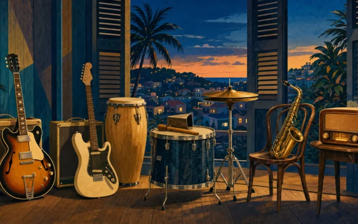 Illustration of a 1960s Haitian mini-djaz band setup: two electric guitars, a conga, a cowbell on a floor tom, a hi-hat and an alto saxophone on a bandstand overlooking a hillside town at dusk.