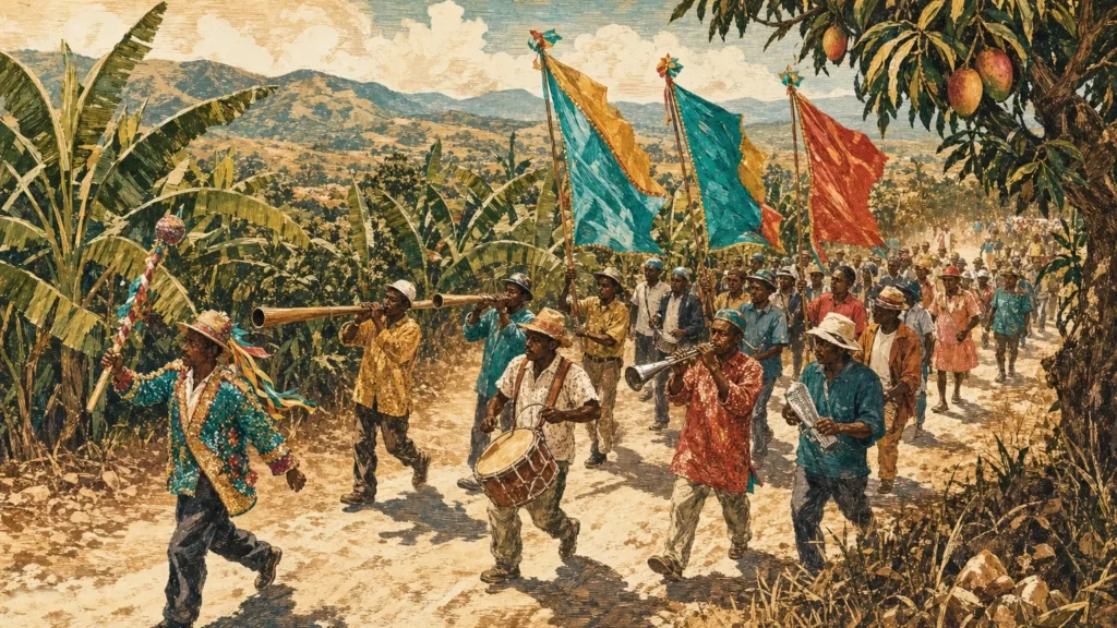 Woodcut-and-watercolour style illustration of a rara procession on a sunlit Haitian country road: musicians play long bamboo trumpets, a metal horn, a strapped drum and a scraper beneath bright flags, led by a baton twirler.