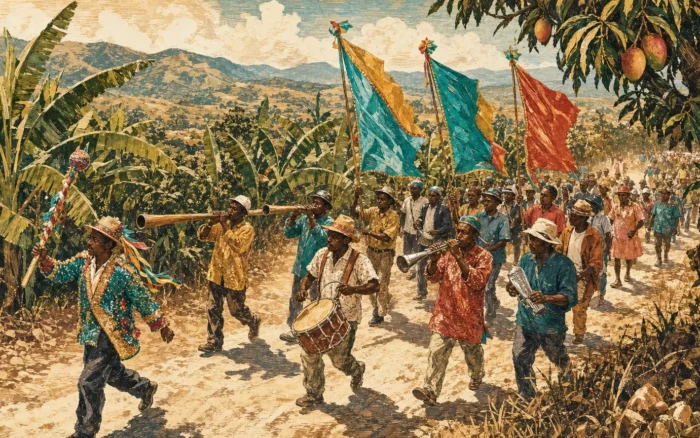 Woodcut-and-watercolour style illustration of a rara procession on a sunlit Haitian country road: musicians play long bamboo trumpets, a metal horn, a strapped drum and a scraper beneath bright flags, led by a baton twirler.