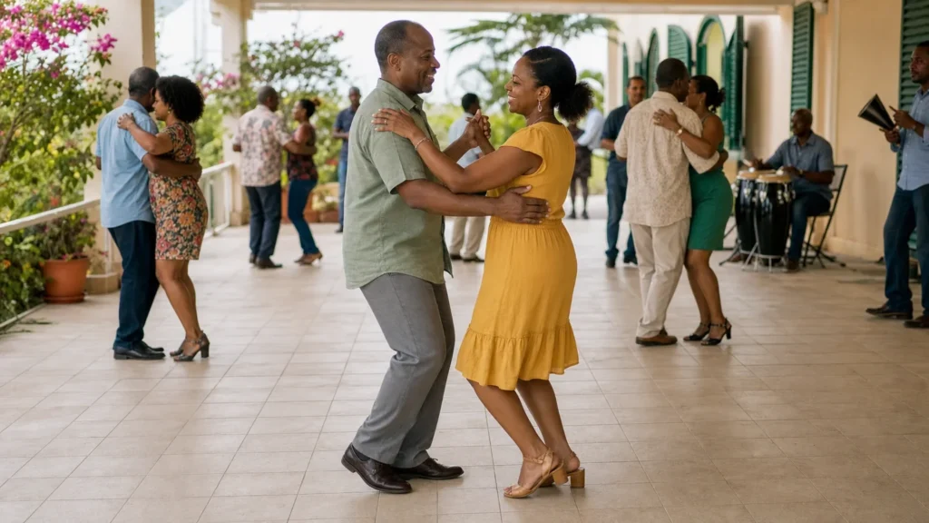 A Haitian couple dancing kompa in a relaxed social hold on a sunlit tiled terrace, taking a small side step, with other couples and drummers in the background.