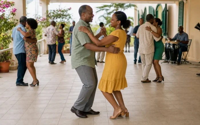 A Haitian couple dancing kompa in a relaxed social hold on a sunlit tiled terrace, taking a small side step, with other couples and drummers in the background.