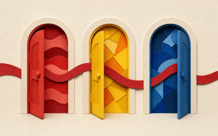 Cut-paper collage of three open arched doors in red, yellow and blue, each opening onto a different pattern, linked by one wavy red ribbon: three genre doorways into the same album