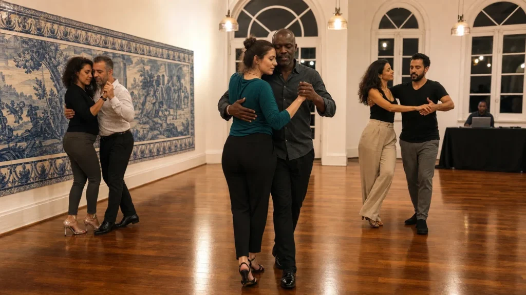 Three couples at an evening kizomba social in a studio with blue-and-white azulejo tiles: a close couple almost still on the left, a couple walking in a kizomba frame in the centre and a couple in a more open, linear frame on the right.