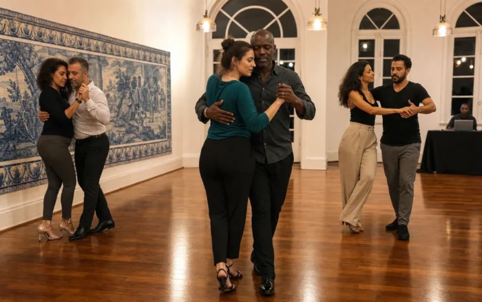 Three couples at an evening kizomba social in a studio with blue-and-white azulejo tiles: a close couple almost still on the left, a couple walking in a kizomba frame in the centre and a couple in a more open, linear frame on the right.