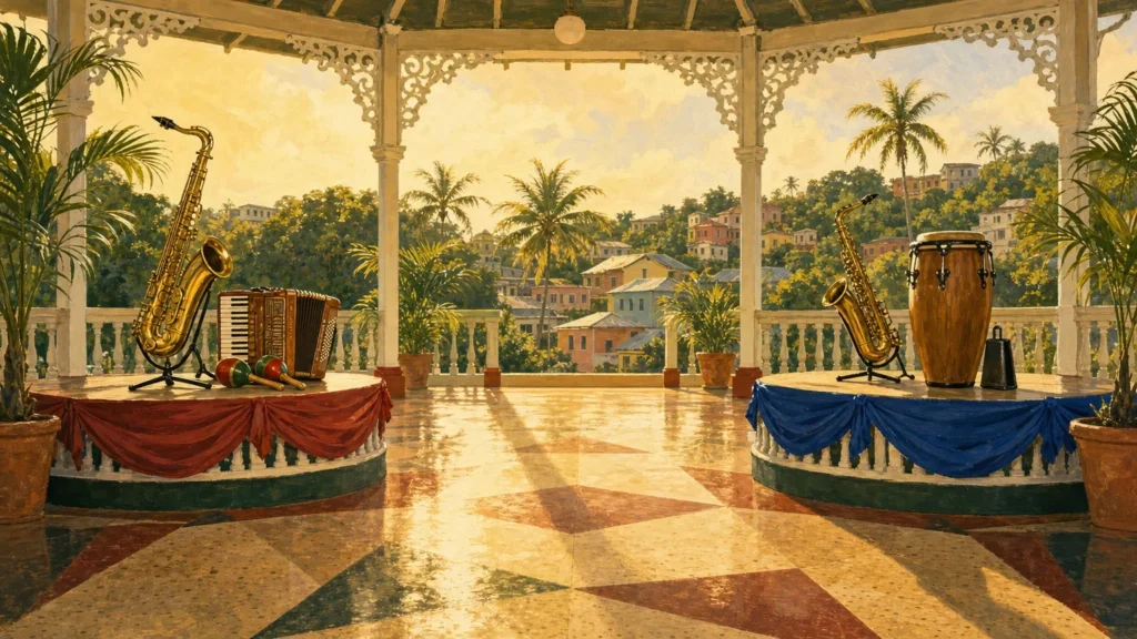 Painted illustration of two facing bandstands in an open-air Caribbean dance pavilion, one draped in red with a saxophone, accordion and maracas, the other in blue with a saxophone, conga and cowbell.