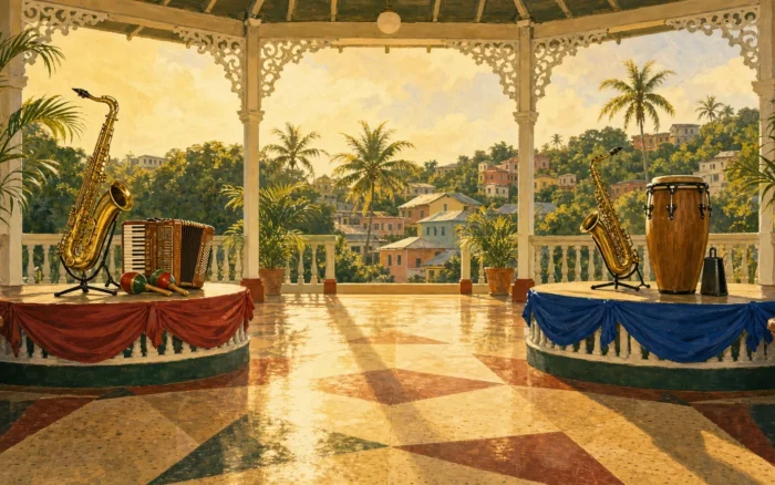 Painted illustration of two facing bandstands in an open-air Caribbean dance pavilion, one draped in red with a saxophone, accordion and maracas, the other in blue with a saxophone, conga and cowbell.
