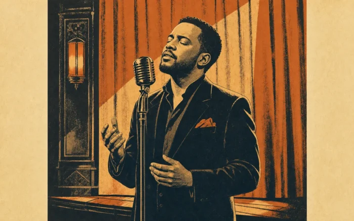 An illustrated image of a man singing into a vintage microphone on a stage with curtains.